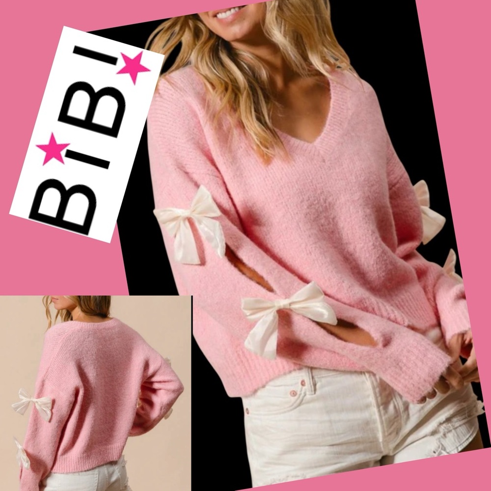 BiBi Pink Sweater with Cream Bows Size L